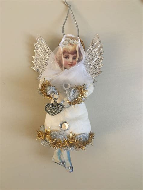 Spun Cotton Christmas Ornament Angel With Silver Foil Wings Etsy
