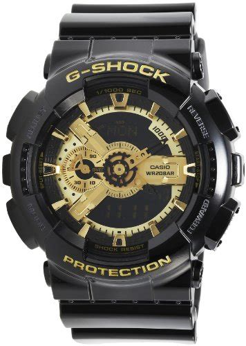 Black resin band analog and digital watch with gold face. G Shock GA 110GB 1ADR G339 watch