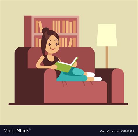 Young Woman Reading Book On Couch Relaxing At Vector Image
