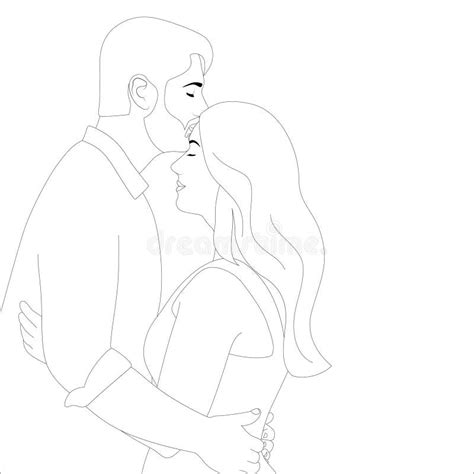 Men Kiss On Girl S Forehead Couple Character Outline Illustration On White Background Vector