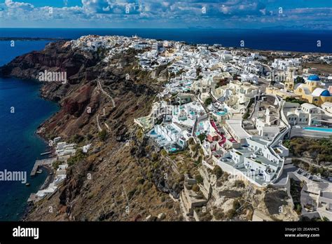 Aerial Of Oia Santorini Cyclades Greek Islands Greece Europe Stock