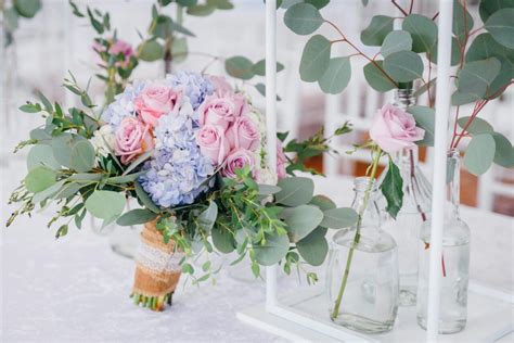 These large flower clusters have a crisper white hue than many. Bridal bouquet with hydrangeas, roses and eucalyptus ...
