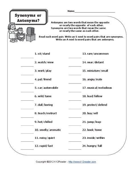 Synonyms Or Antonyms Worksheet For 4th 5th Grade Lesson Planet
