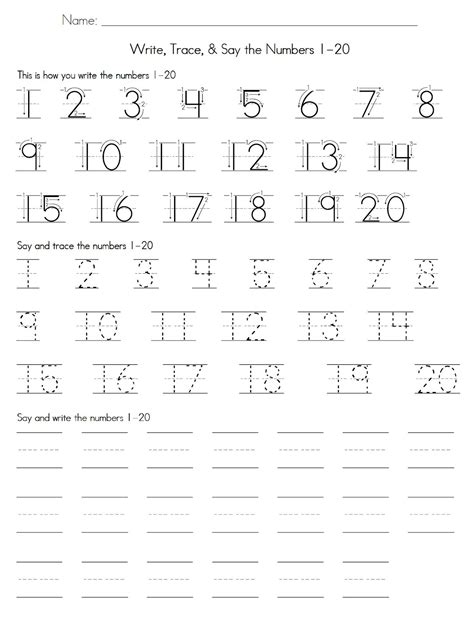 Trace Numbers 1-20 Worksheets