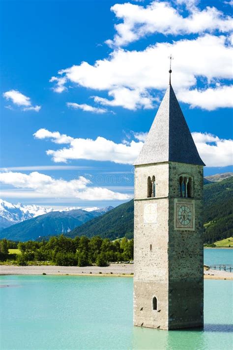 Tower Of Sunken Church In Resia Lake South Tyrol Italy Stock Photo