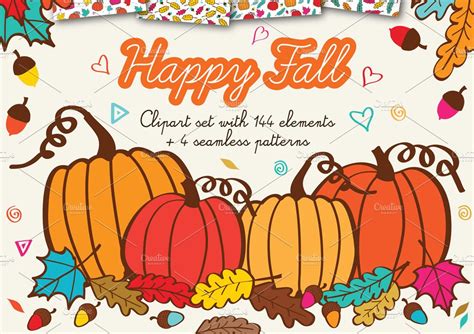 Happy Fall Clipart Graphics Autumn Decorative Illustrations