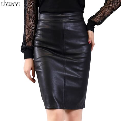 Lxunyi 2019 Autumn Black Faux Leather Skirts Womens Casual Knee Length Pencil Skirt High Waist