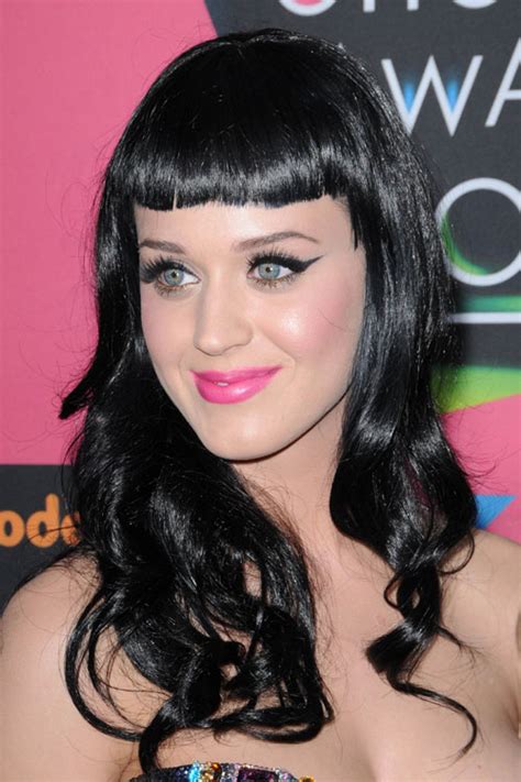 Katy Perry Wavy Black Blunt Bangs Hairstyle Steal Her Style