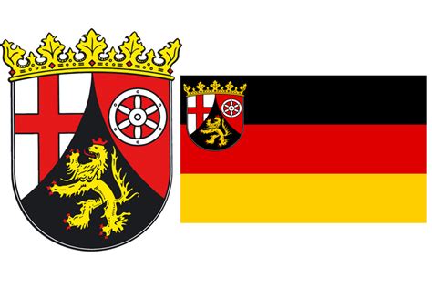 Doppelt umsäumte fahne, beidseitig bedruckt, mit 2 metallösen zum aufhängen. Wappen und Flagge Rheinland-Pfalz (© Public Domain)