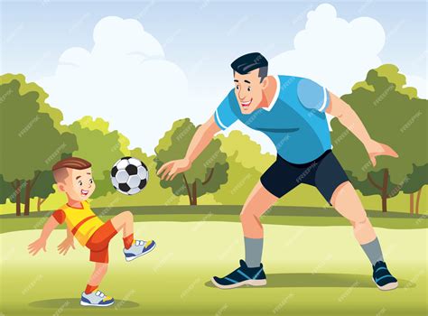 Joven Padre Con Su Pequeño Hijo Jugando Al Fútbol En El Campo De Fútbol