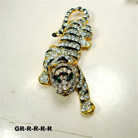 Tiger Great Cat Pin Sparkling White Rhinestones N Black Etsy White Rhinestone Cat Pin