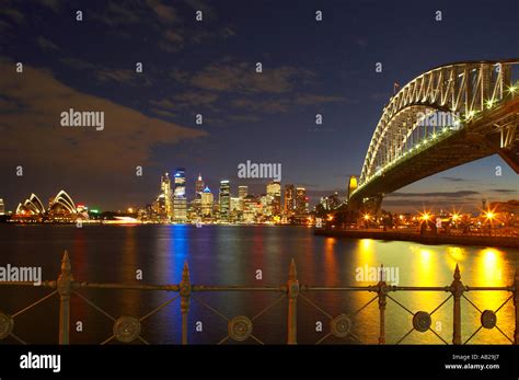 the harbour bridge opera house city centre at night from milsons point sydney new south wales