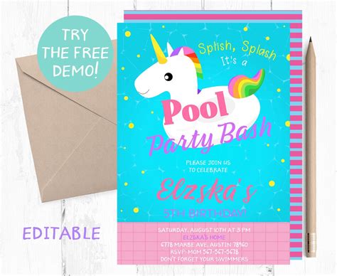 Inflatable Unicorn Pool Party Invitation Pool Birthday Party Etsy