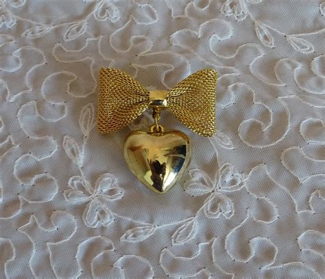 Vintage Bow And Heart Brooch Mesh Bow With Hanging Heart Pin Etsy