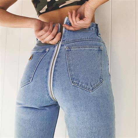Trendy Open Crotch Jeans Butt Zip Back Zipper Women Sexy Leggings Straight Denim High Waist