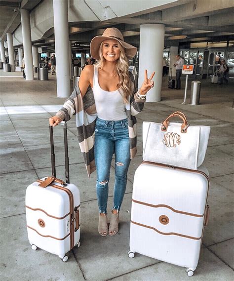 travel outfit airport style white matching luggage and travel look ideas comfy fall