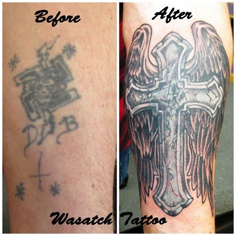 If you're going for complete think of tattoo ink like watercolor: Cross with wings cover up tattoo by Lacey Megeath | Tattoo ...