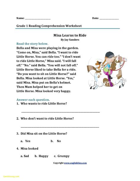 1st Grade Reading Comprehension Worksheets Multiple Choice Reading