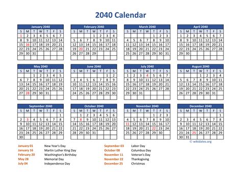 Pdf Calendar 2040 With Federal Holidays