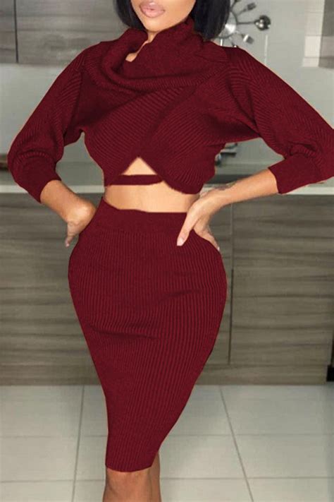 Wine Red Sexy Solid Split Joint Bateau Neck Long Sleeve Two Pieces Two Pieces Knowfashionstyle