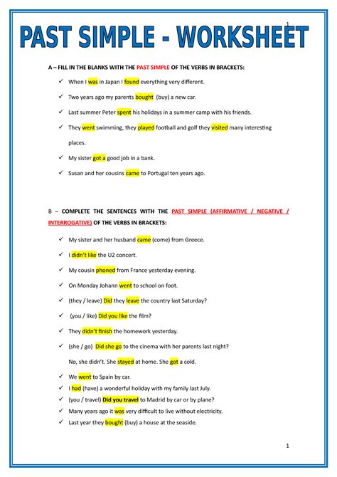 Past Simple Worksheet 1 A Fill In The Blanks With The Past Simple