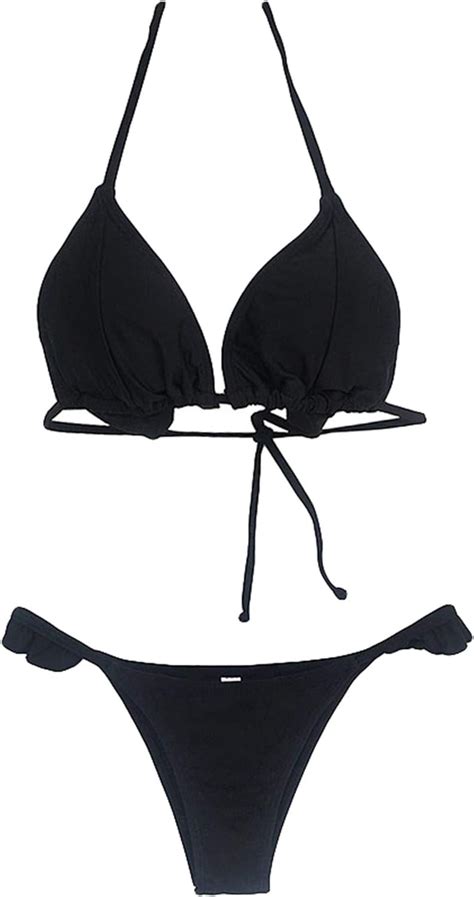 Amazon Com Women S Beach Bikini Set Sexy Halter Bra Triangle Thong Two