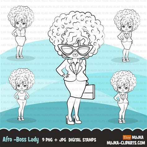 Afro Woman Digital Stamps With Business Suit Briefcase And Glasses Bl Mujka Cliparts