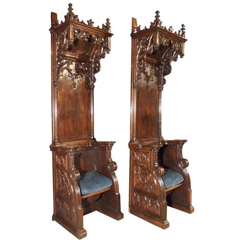 Rare Pair Of Antique Gothic Walnut Wood Cathedral Chairs From France At