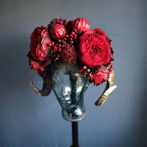 red fawn flower crown floral headpiece faun horns ram horn headdress renaissance fair fantasy