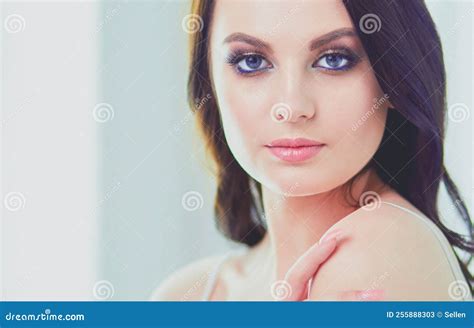 Beautiful Brunette Lying On Bed At Home Stock Image Image Of Elegance Portrait 255888303