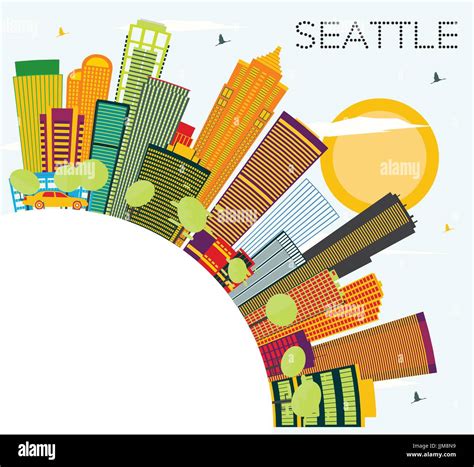 Seattle Skyline With Color Buildings And Copy Space Vector