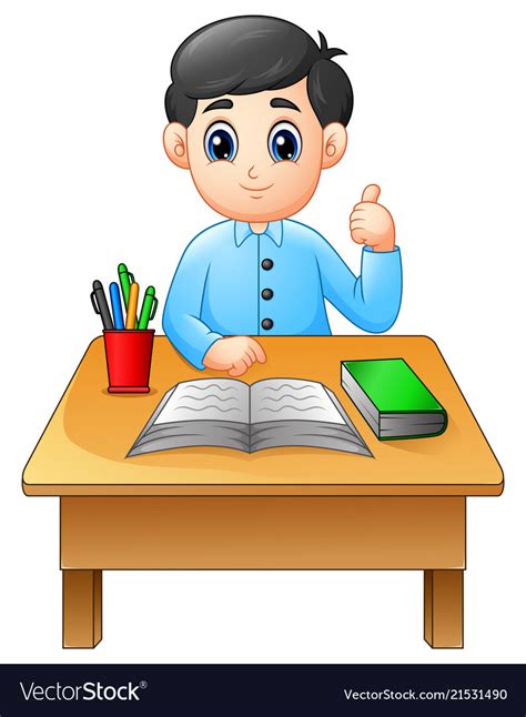 Cartoon Boy Learning At Table Giving Thumbs Up Vector Image
