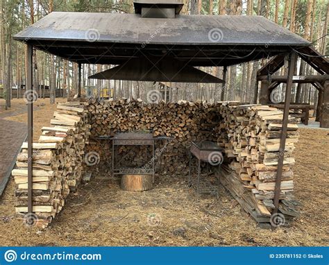 Barbecue Under A Canopy Covered Wood Grill Outdoor Oven For Cooking A Place For A Picnic In