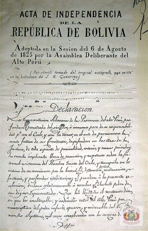 Acta De Independencia De Las Provincias Altoperuanas Historias De Bolivia