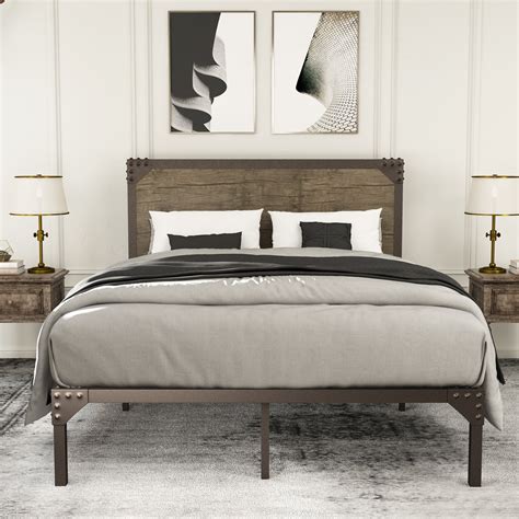 Amolife Full Size Bed Frame With Industrial Wooden Rivet Headboardmetal Platform Bed Frame With