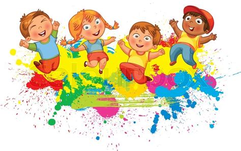 Children Jumping On The Background Color Splash Banner Funny Cartoon
