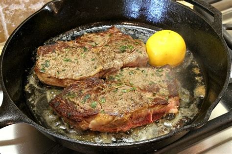 Pan Fried Lemon Garlic Rib Eye Steaks