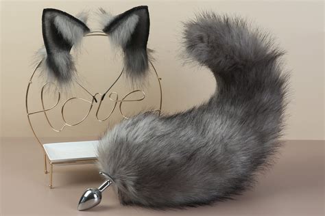Gray Fox Tail Plug And Ear Set Wolf Tail Buttplug And Ear Fox Etsy Canada