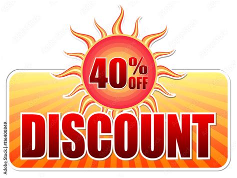 Summer Discount And 40 Percentages Off In Label With Sun Vector Stock