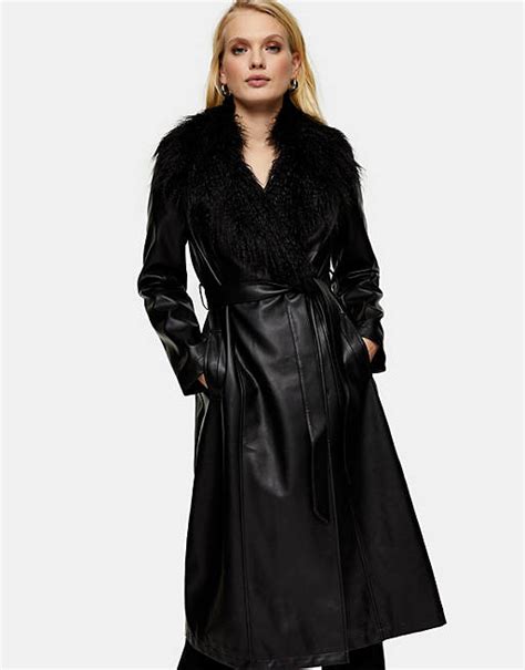 Topshop Faux Leather Coat With Faux Fur Trim In Black Asos