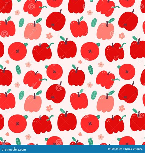 Red Apple Pattern Seamless Vector Texture Cute Doodle Drawing Fresh
