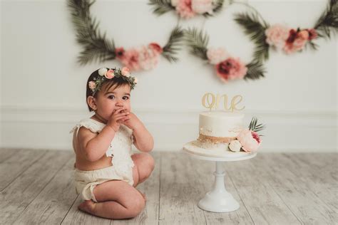 Ally S First Birthday Cake Smash With Pink Floral And Palm Hoops — Kelly Mcphail Photography