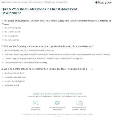 Quiz And Worksheet Milestones In Child And Adolescent Development