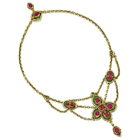 Gold Cabochon Ruby And Enamel Necklace Marcus And Co Circa 1900 Set