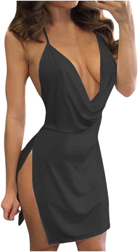Yejsere Slit Sexy Club Party Mini Dress Fashion Backless Halter Deep Womens V Neck Dress For