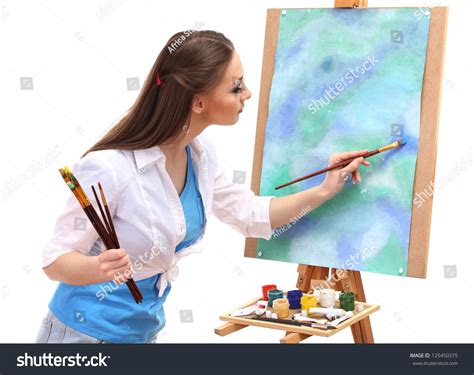 Beautiful Young Woman Painter At Work Isolated On White Stock Photo