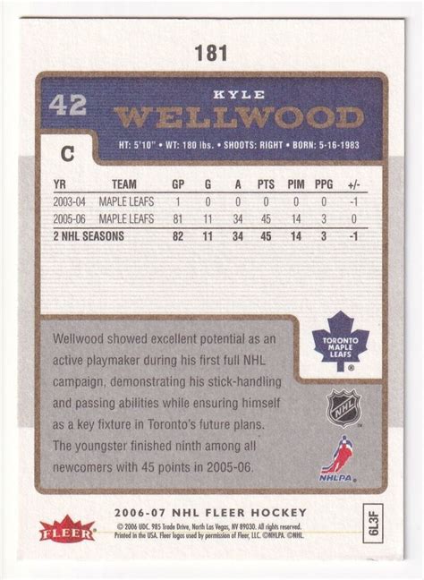 2006 07 Fleer Hockey Kyle Wellwood No 181 Toronto Maple Leafs Ebay