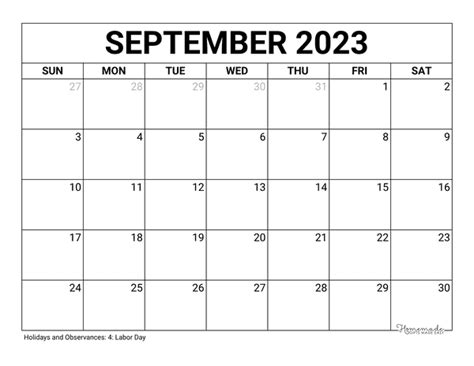 Blank Calendar Template September Printable CALENDAR PRINTABLE