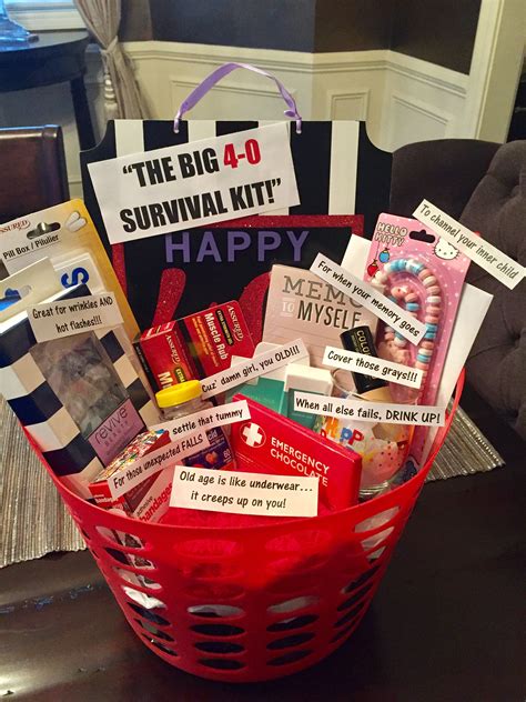 We're not short on 40th birthday gift ideas for her, either. 40th birthday survival kit for a woman (most things from ...