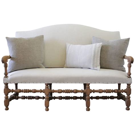Antique Settee Bench Upholstered In Organic Natural Linen With Nail